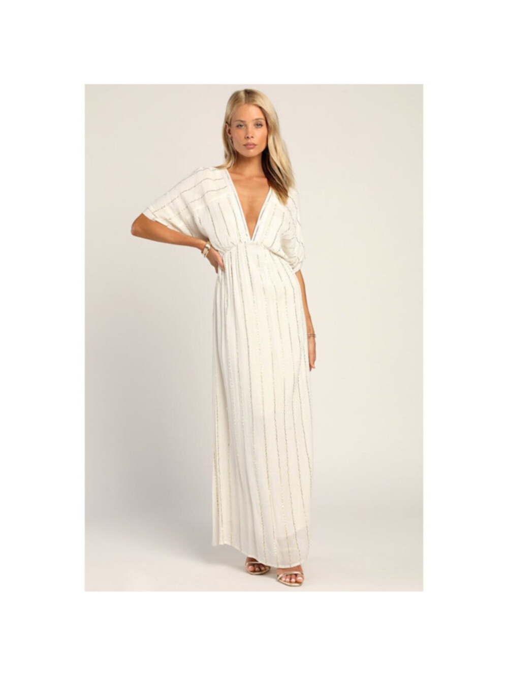LULUS Goddess Vibes Ivory White Gold Striped Dolman Sleeve Maxi Dress size M NWT
